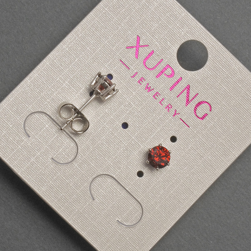 Xuping Stud Earrings with Red Crystal, 5mm diameter, Rhodium-plated