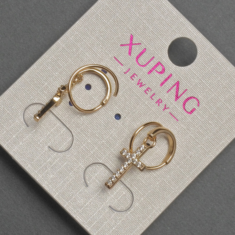 Xuping Cross Earrings with White Crystals, 7×12 mm±, Length 23 mm±, 18K Gold Plating