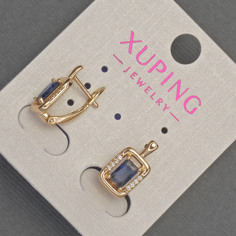 Xuping Earrings with White Crystals and Blue Crystal, 8mm Ø, ~14mm length, 18K Gold Plating