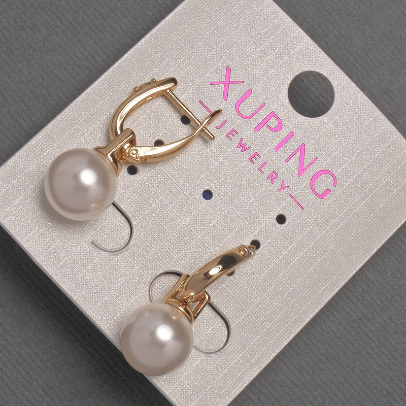 XUPING Earrings with White Rhinestones and Mallorca Pearl Bead, 10mm± Ø, Length 26mm±, 18K Gold Plating