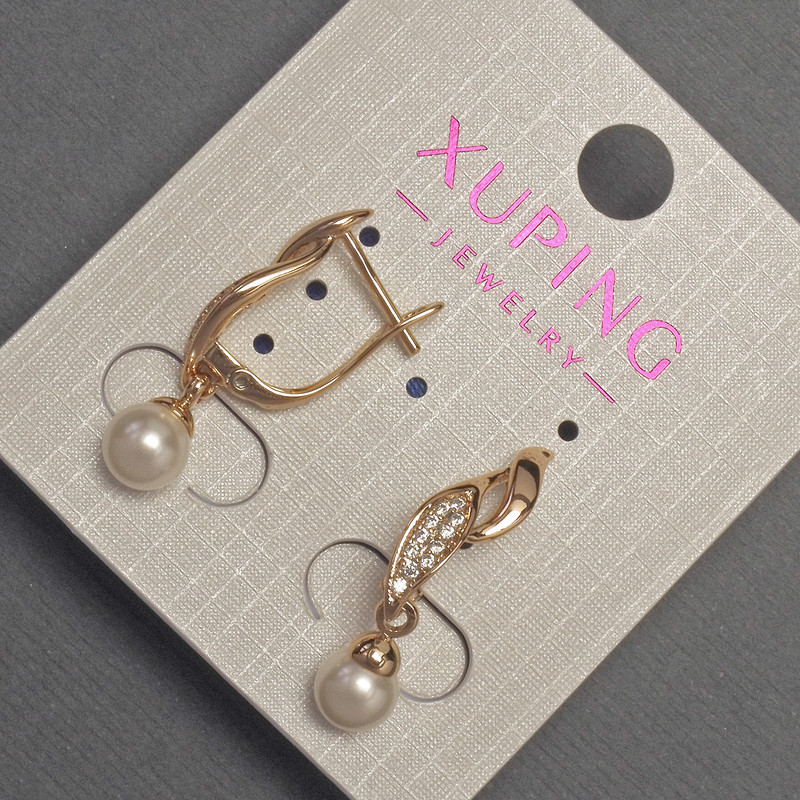 Xuping Earrings with White Rhinestones and Mallorca Pearl, 6mm ± diameter, 27mm ± length, 18K Gold Plating