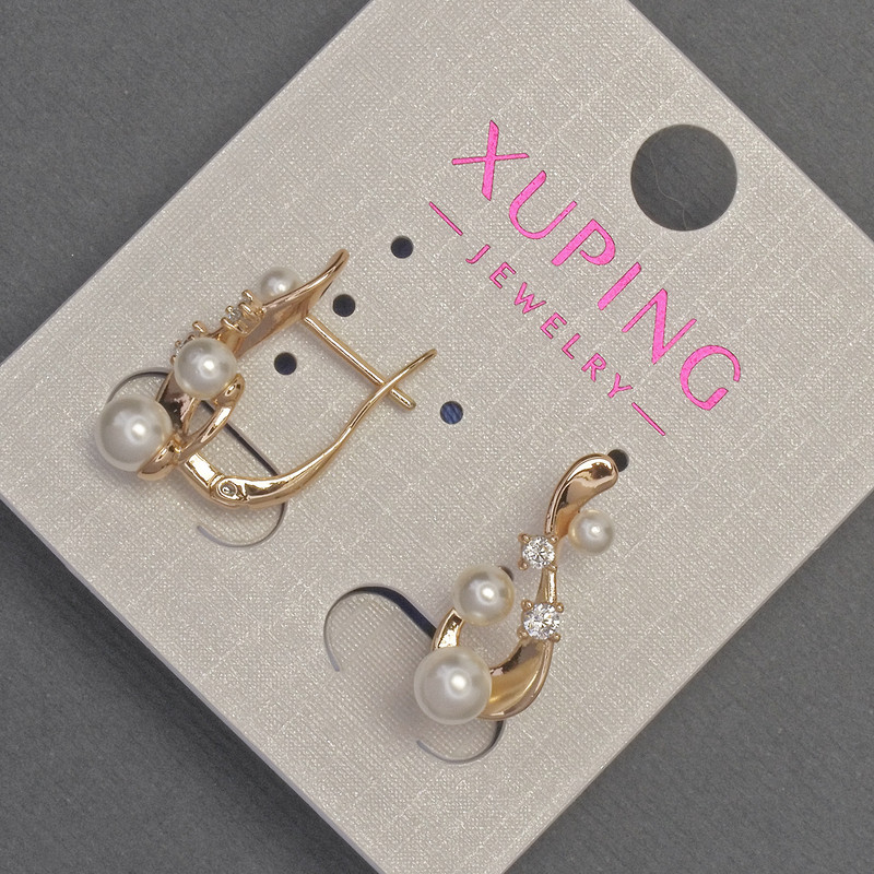 Earrings Xuping with white crystals and Mallorca pearls, diameter 5-4-3mm, length 20mm, 18K gold plated