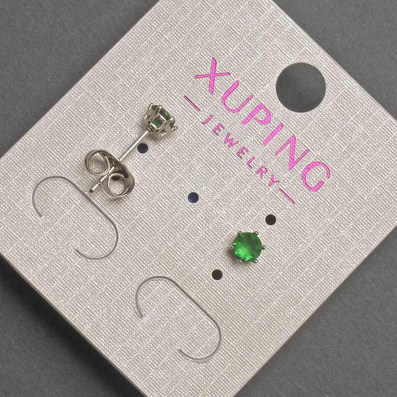 Earrings, stud posts Xuping with green crystal, diameter 4mm± rhodium-plated