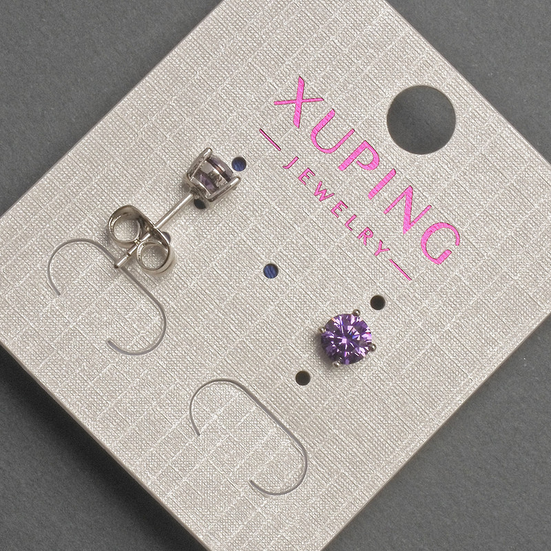 Earrings 'Stud' Xuping with Violet Crystal, 5 mm diameter ± Rhodium-plated