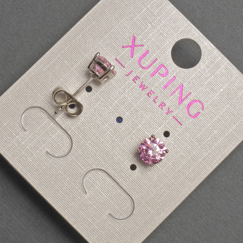 Xuping Stud Earrings with Pink Crystal, 6mm diameter, Rhodium-plated