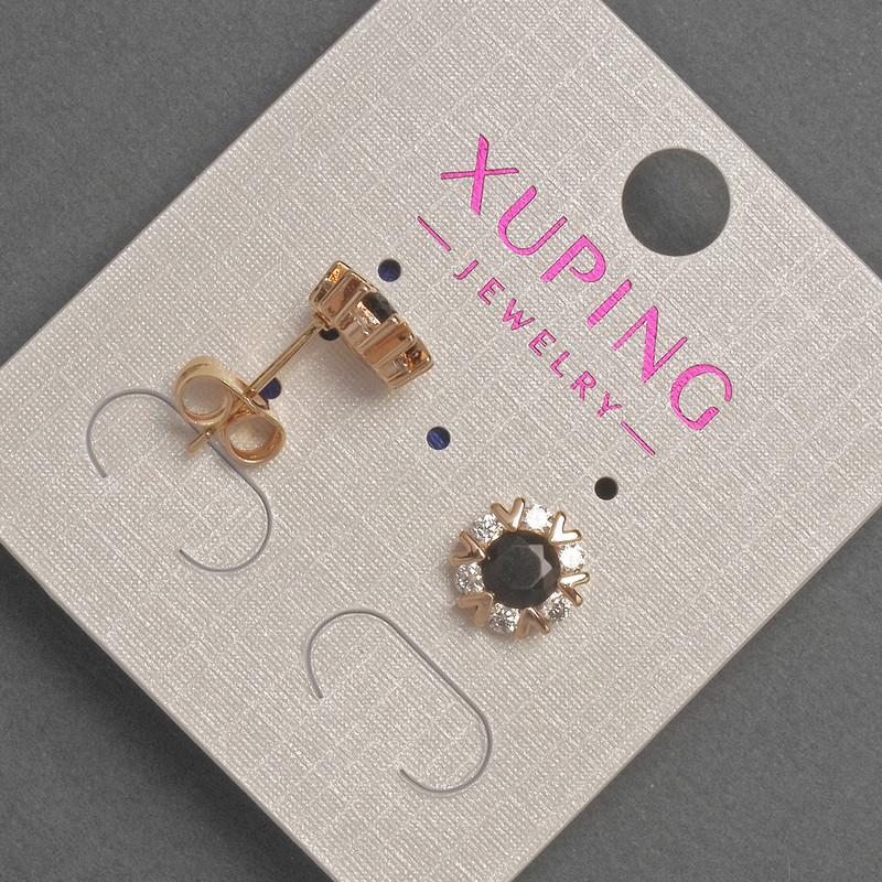 Xuping Stud Earrings with White and Black Rhinestones, 8.5mm diameter, 18k Gold Plated