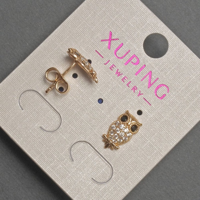 Xuping Owl Stud Earrings with White and Black Rhinestones, 7mm Ø, 12mm L ± 18K Gold Plating