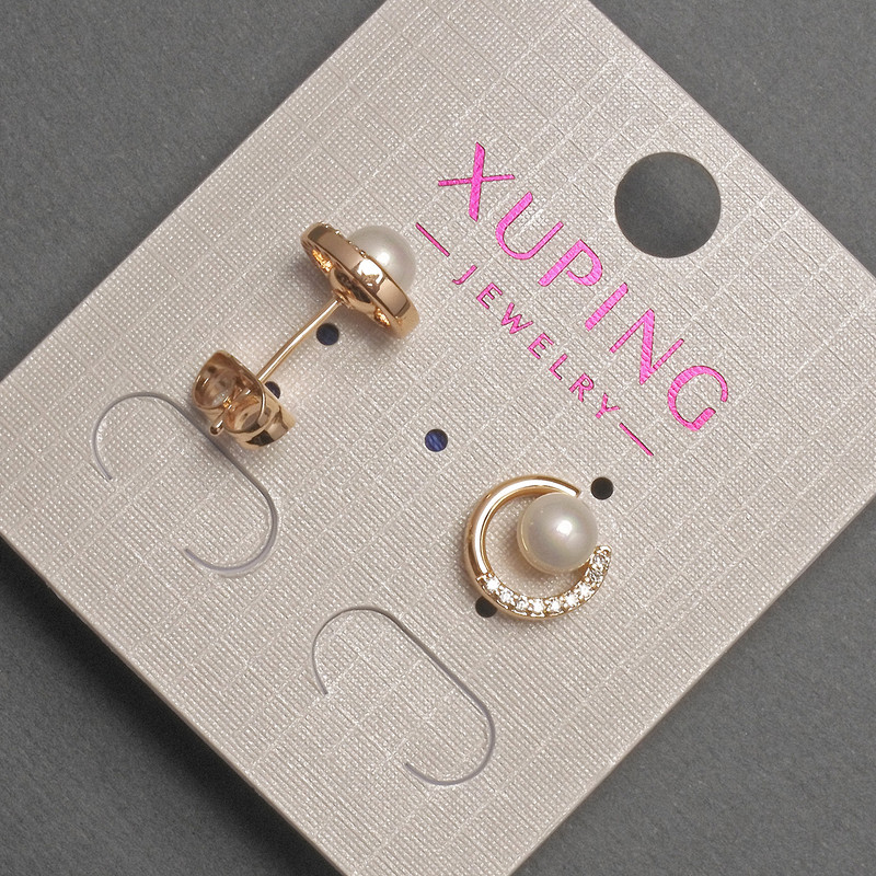 Xuping Stud Earrings with White Crystals and Pearl, 5mm diameter, ~10mm length, 18K Gold Plated