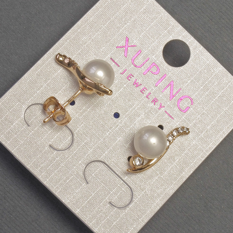 Xuping Stud Earrings with White Rhinestones and Pearl, 9mm Pearl Diameter, 20mm+- Length, 18K Gold Plating