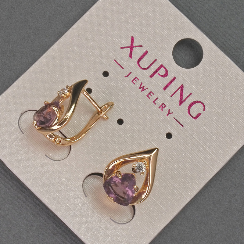 Xuping Earrings with White Crystals and Purple Crystal, 11mm Diameter ±, 16mm Length ±, 18K Gold Plating