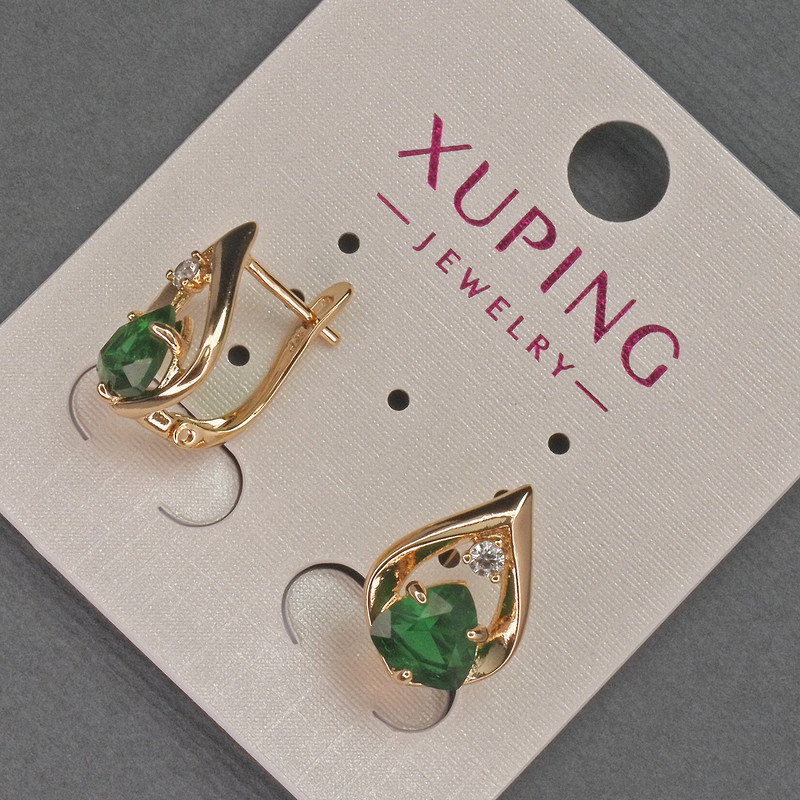 Xuping Earrings with White Stones and Green Crystal, 11mm diameter ±, 16mm length ±, 18K Plating