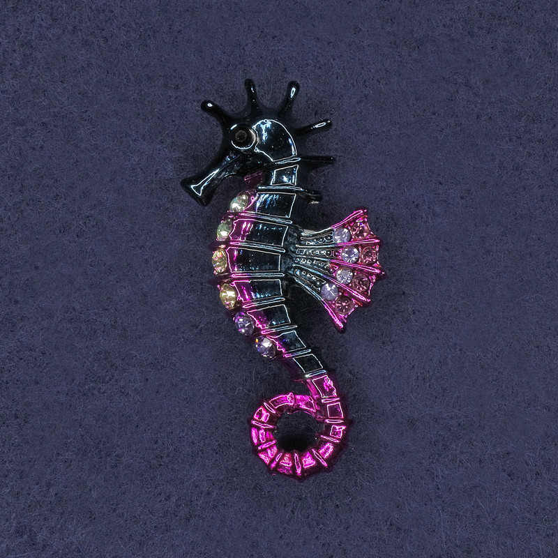 Brooch Sea Horse with Rhinestones and Enamel, Pink and blue enamel, silver metal 26x47mm