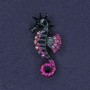 Brooch Sea Horse with Rhinestones and Enamel, Pink and blue enamel, silver metal 26x47mm
