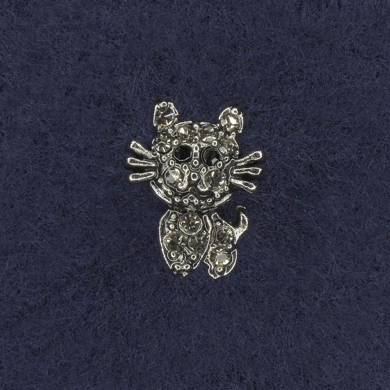 Brooch Cat with white and black rhinestones, silver metal 11×15mm+
