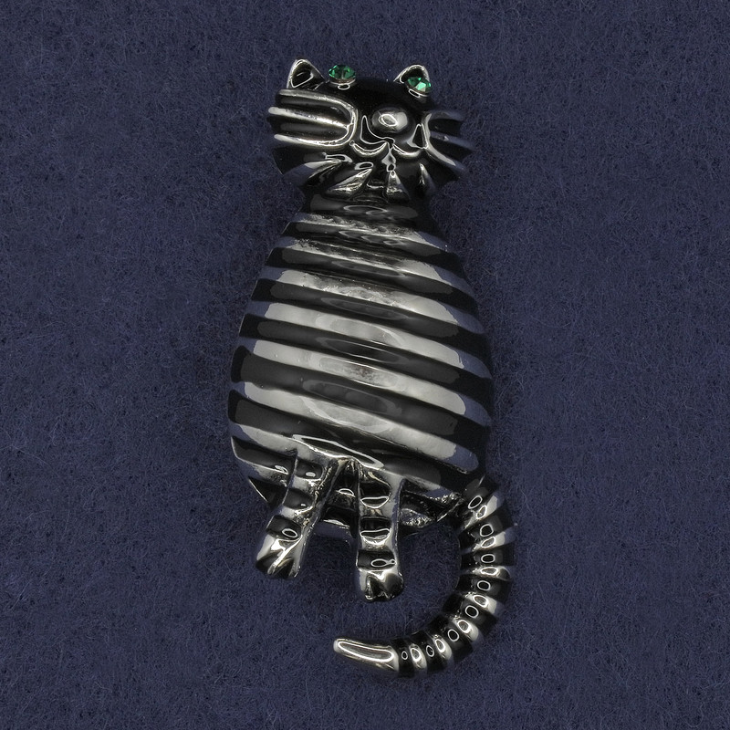 Cat Brooch with Green Rhinestones, Black Enamel, Silver Metal 29x60mm+