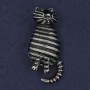 Cat Brooch with Green Rhinestones, Black Enamel, Silver Metal 29x60mm+