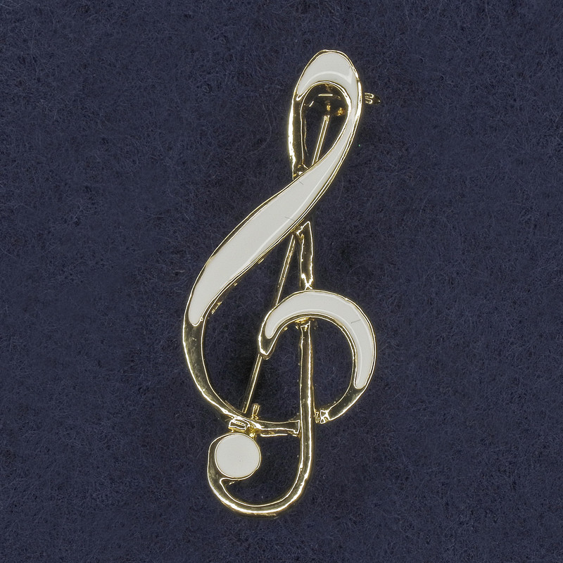 Brooch Scrolling Musical Key White Enamel Golden Metal 16x40mm+