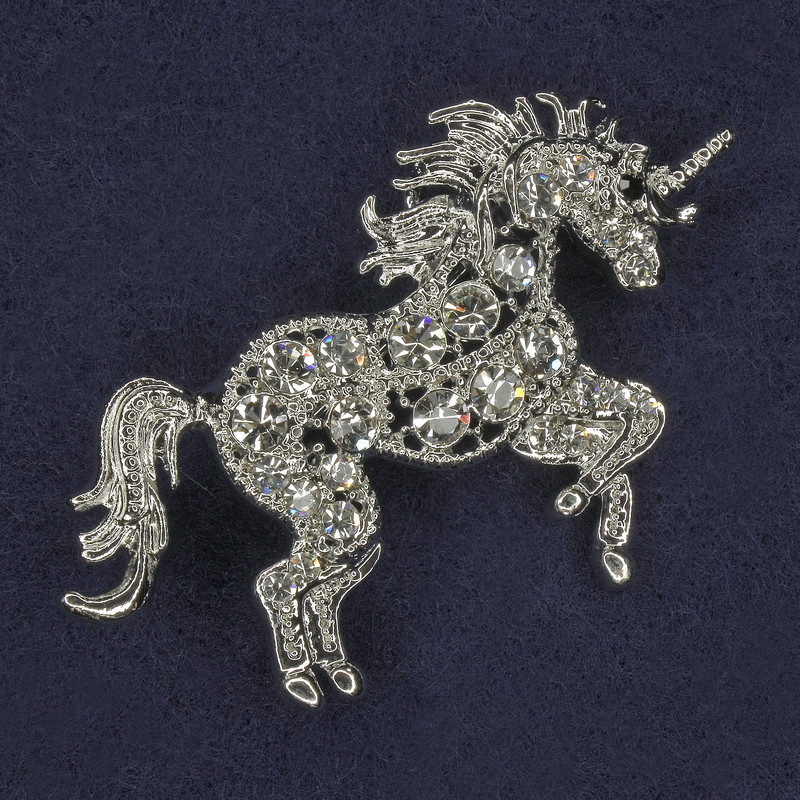 Brooch Unicorn White Rhinestones Silver-tone Metal 47x35mm+