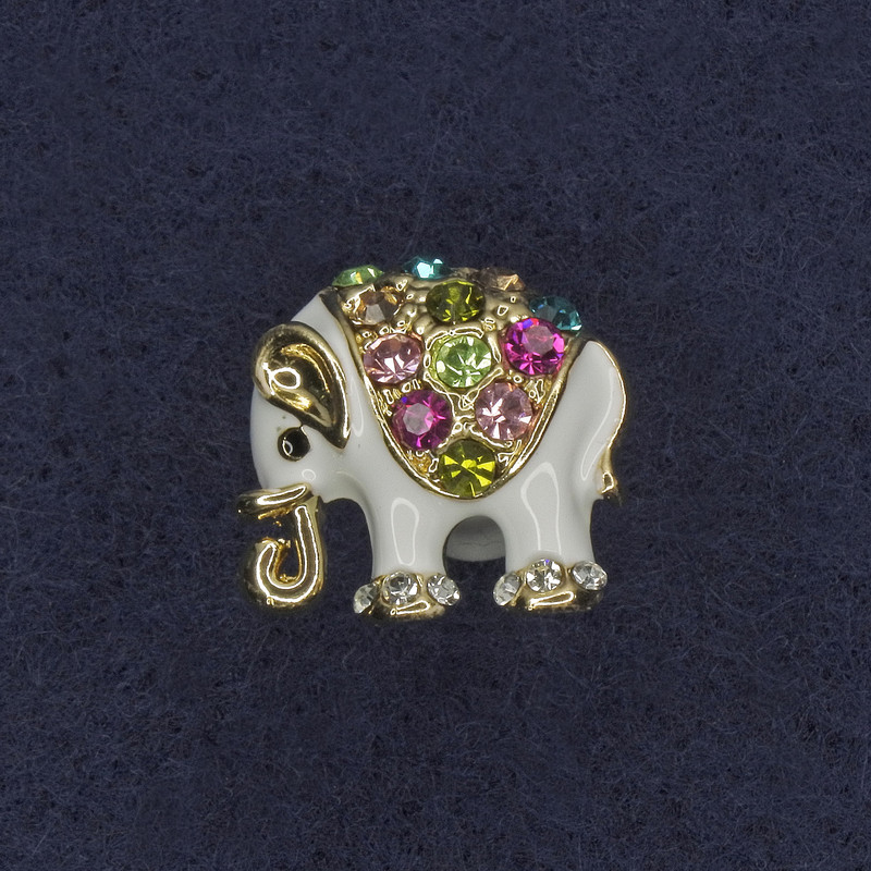 Brooch Elephant with white enamel and crystals, gold-toned metal, 16×15 mm