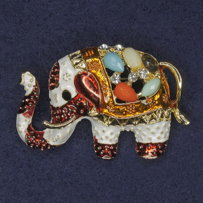 Brooch Elephant with rhinestones and assorted stones, enamel, gold-tone metal 40x28 mm +