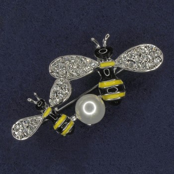 Bee Brooch: Yellow and Black Enamel, Pearl, White Rhinestones, Silver Metal 30x37mm+