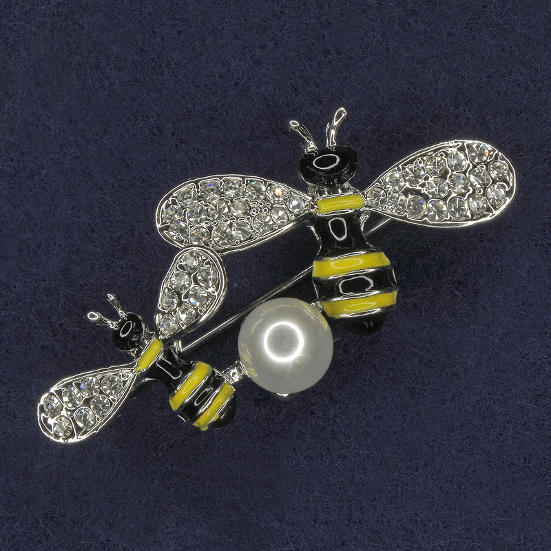 Bee Brooch: Yellow and Black Enamel, Pearl, White Rhinestones, Silver Metal 30x37mm+