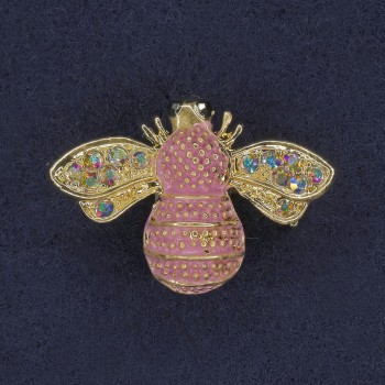 Brooch Bee Pink Enamel Rainbow Rhinestones Gold-tone Metal 22×30mm+