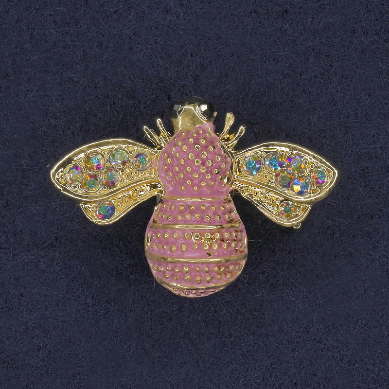 Brooch Bee Pink Enamel Rainbow Rhinestones Gold-tone Metal 22×30mm+