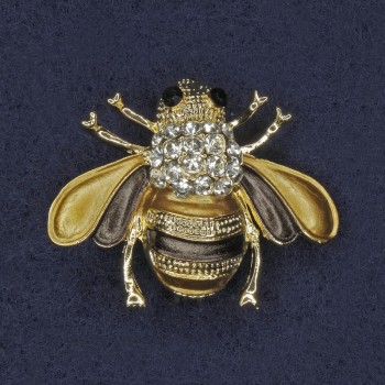 Brooch Bee Golden with Enamel and Crystals, White and Black Rhinestones, Gold-Toned Metal 25x30mm