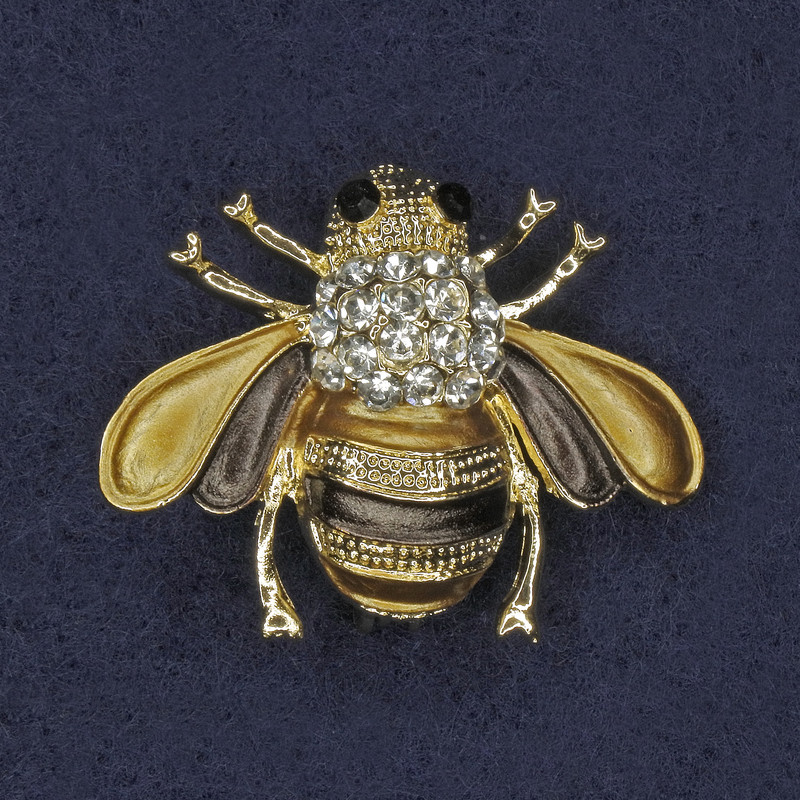 Brooch Bee Golden with Enamel and Crystals, White and Black Rhinestones, Gold-Toned Metal 25x30mm