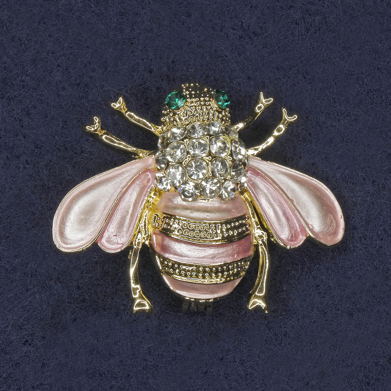 Bee Brooch Pink Enamel with White and Green Rhinestones on Gold-tone Metal 25x30mm