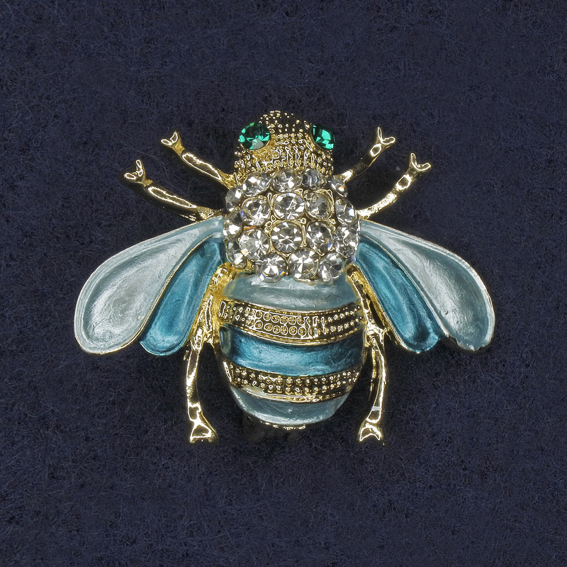 Brooch Bee with blue enamel and crystals on golden metal 25x30mm+