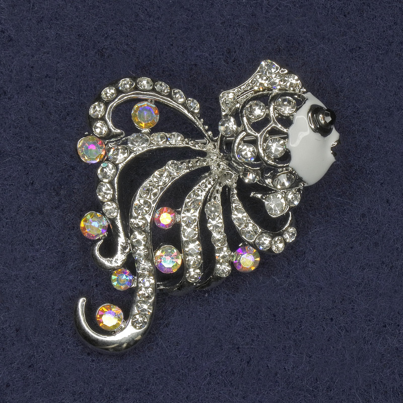 Brooch Fish with Crystals and White Enamel, Silver Metal 30×33 mm