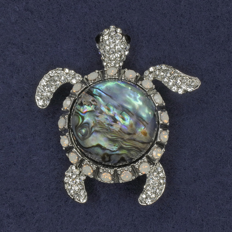 Brooch Pendant Turtle Haïotite Crystals Silver Metal 45x50mm+