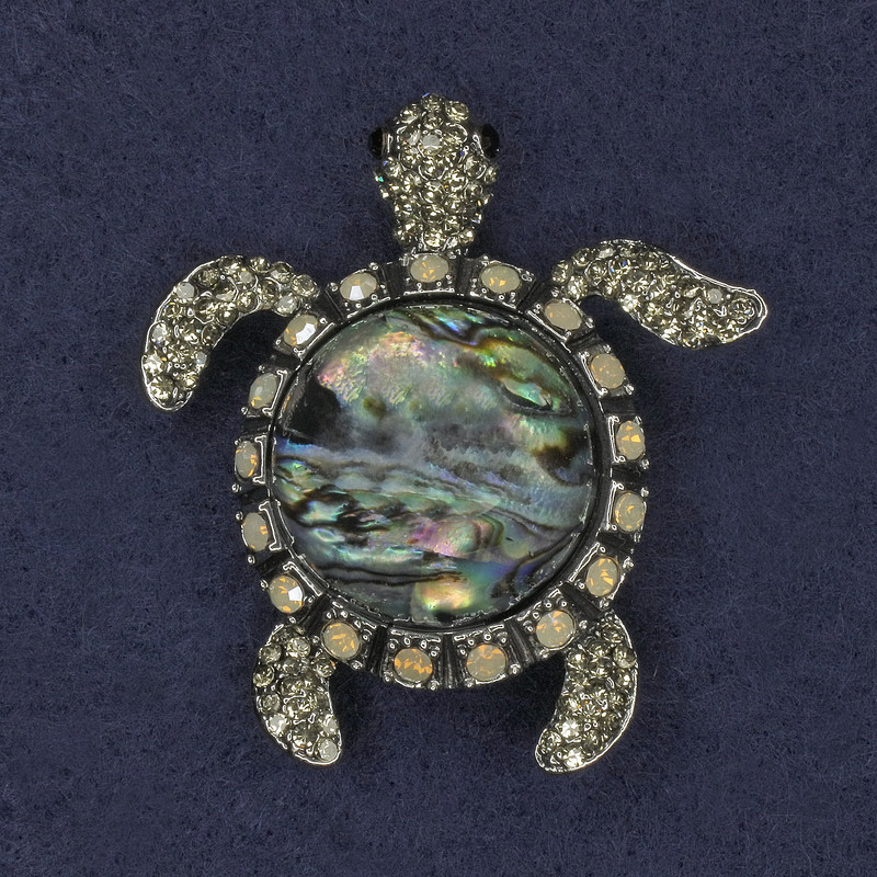 Brooch Pendant Turtle Haotite Pearlized with Crystals Silver Metal 45x50mm+