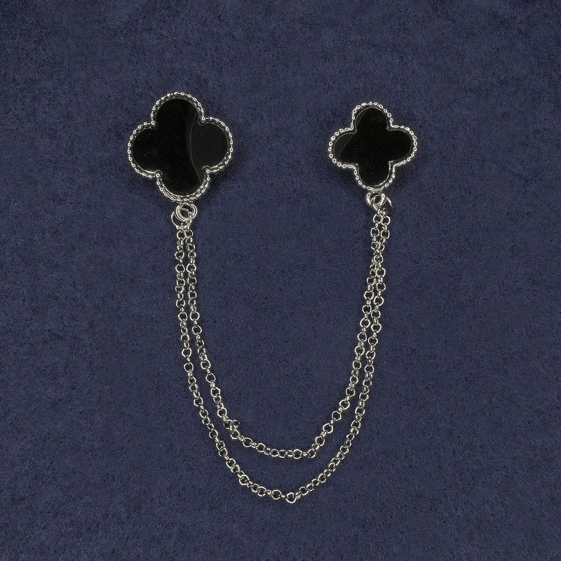 Brooch for cardigans, black enamel, diameter 22mm±, diameter 18mm±, silver-toned metal chain, length about 12cm+
