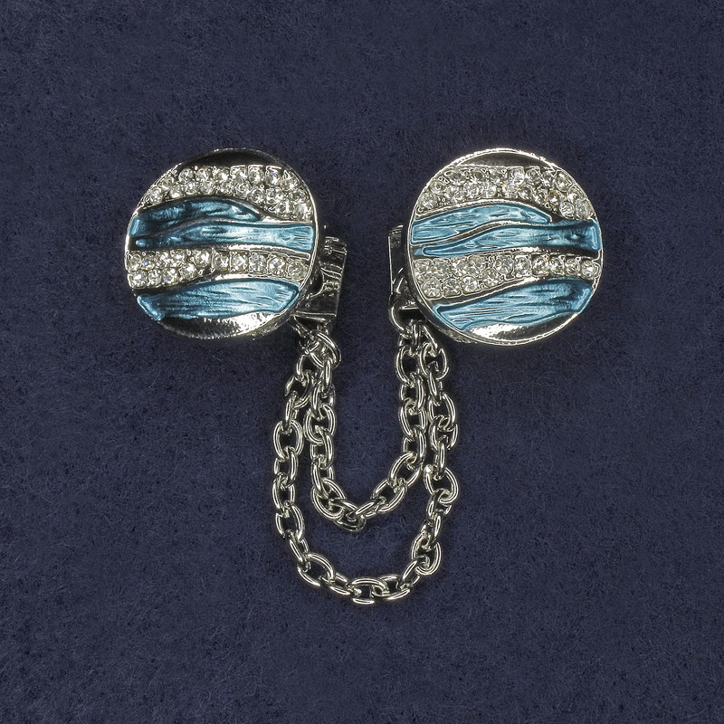Brooch for Cardigans White Rhinestones Blue Enamel Silver Metal, diameter 20mm±, chain length 9cm+