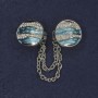 Brooch for Cardigans White Rhinestones Blue Enamel Silver Metal, diameter 20mm±, chain length 9cm+
