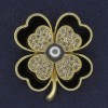 Shamrock Brooch with White Crystals and Gray Pearl, black-gold metal, diameter 38x45mm +