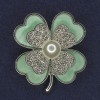 Shamrock Brooch with White Crystals and Pearl, Olive Green Pearlized Color, Silver Metal, diameter 38x45mm +