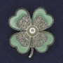 Shamrock Brooch with White Crystals and Pearl, Olive Green Pearlized Color, Silver Metal, diameter 38x45mm +