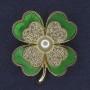Brooch Clover with White Rhinestones and Pearl, Green Mother-of-Pearl Petals, Golden Metal, diameter 38x45mm +