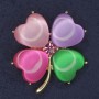 Shamrock Brooch with Cat's Eye Stone, Pink Crystal, Golden Metal, 36×40 mm