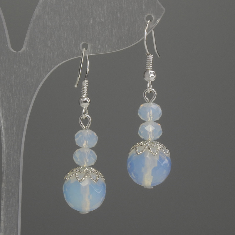Moonstone Bead-cut Sphere Earrings 12mm, hammered rondelle 6x5mm, length 42mm