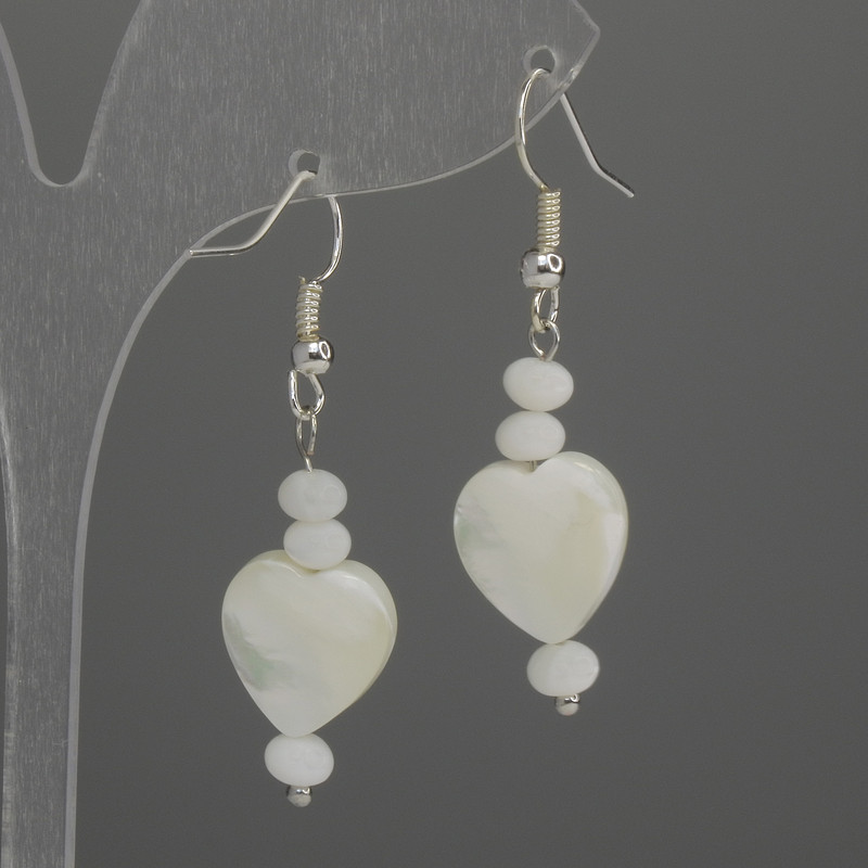 Earrings 'Mother-of-Pearl Heart' 12mm+ - rondelle 5x3mm+, length 45mm+