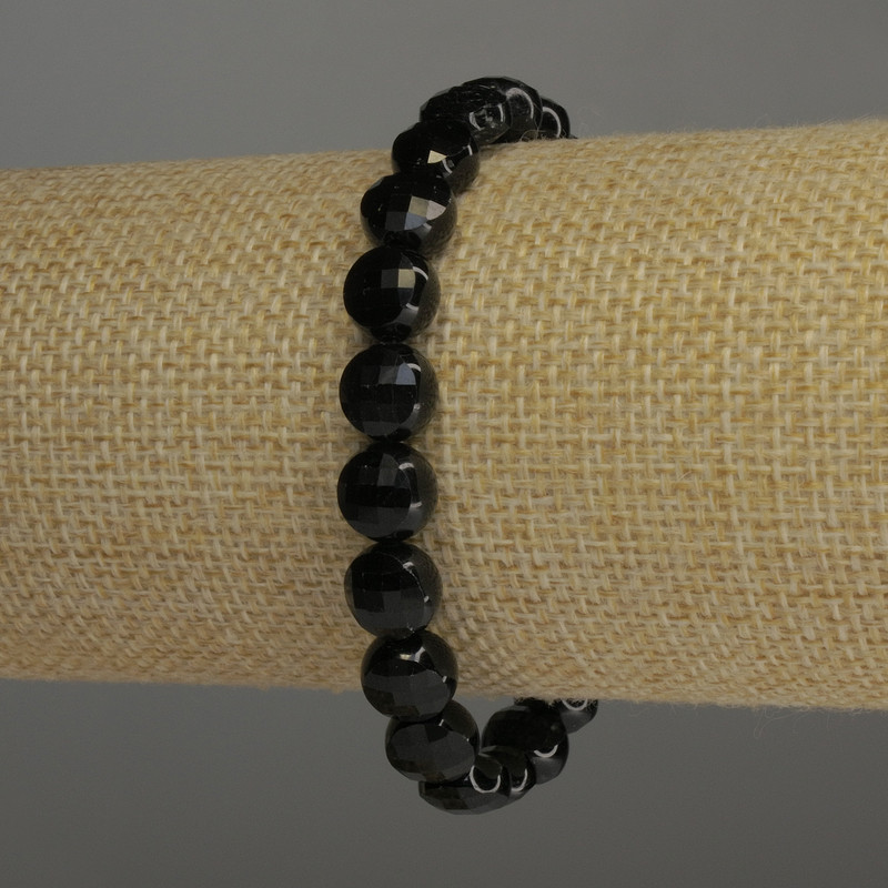 Bracelet, Black Tourmaline, Faceted Coin Beads, 8x5 mm, 5 mm+-, length 18 cm, stretch