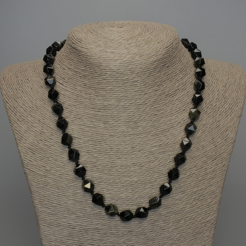 Necklace of Natural Stone Sunstone Obsidian Facets, diameter 10x9mm±, length 50cm ±