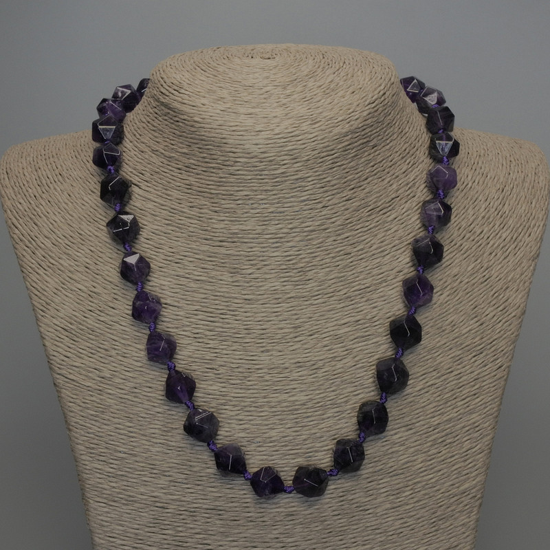 Amethyst Bead Necklace with Faceted Beads, 12x10 mm, approx. 50 cm length