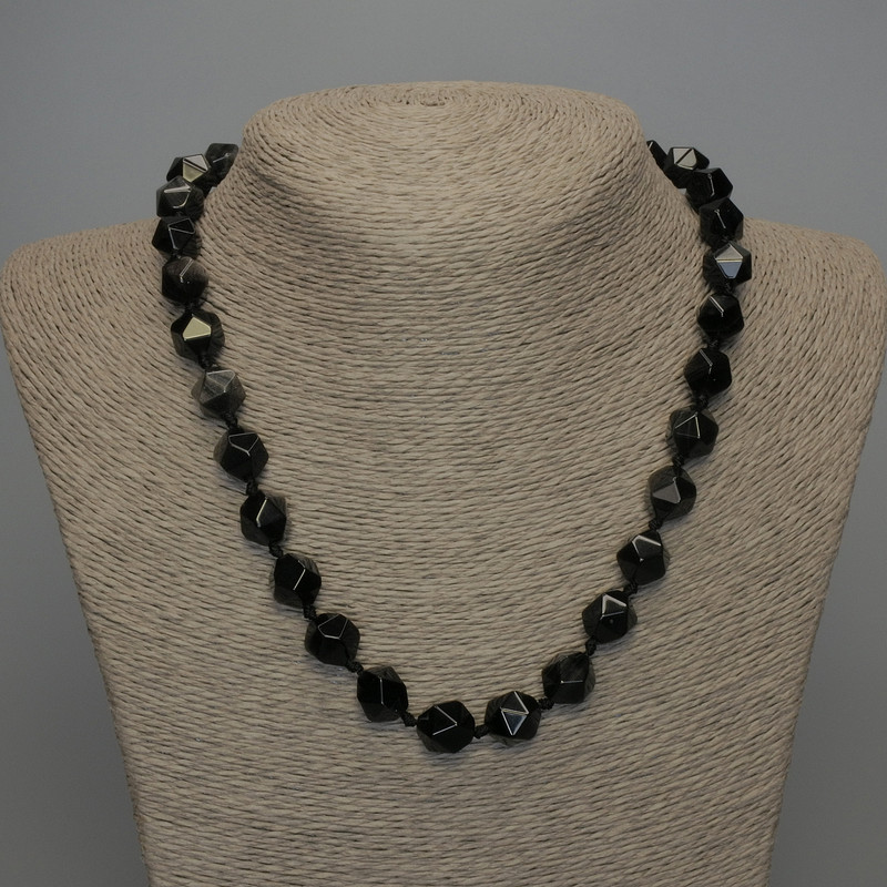 Natural Stone Necklace Silver Obsidian Faceted Beads, diameter 12x11mm ±, length 50cm ±
