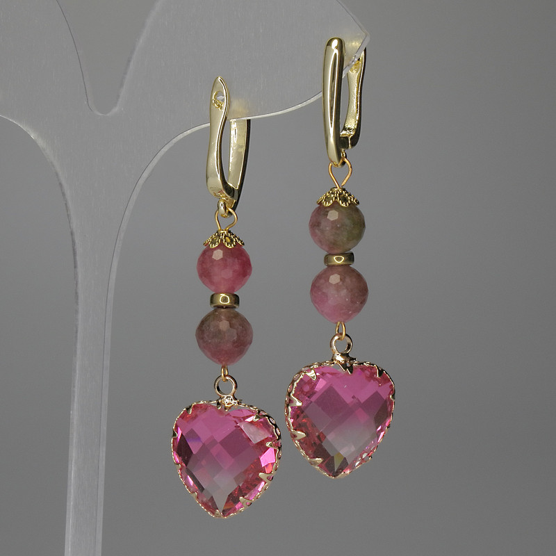 Tourmaline Earrings, Approx. 8 mm Faceted Round, Approx. 17 mm Heart, 58+ mm Long